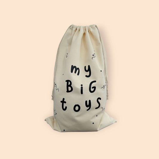 Cotton drawstring bag with my big toys written on it