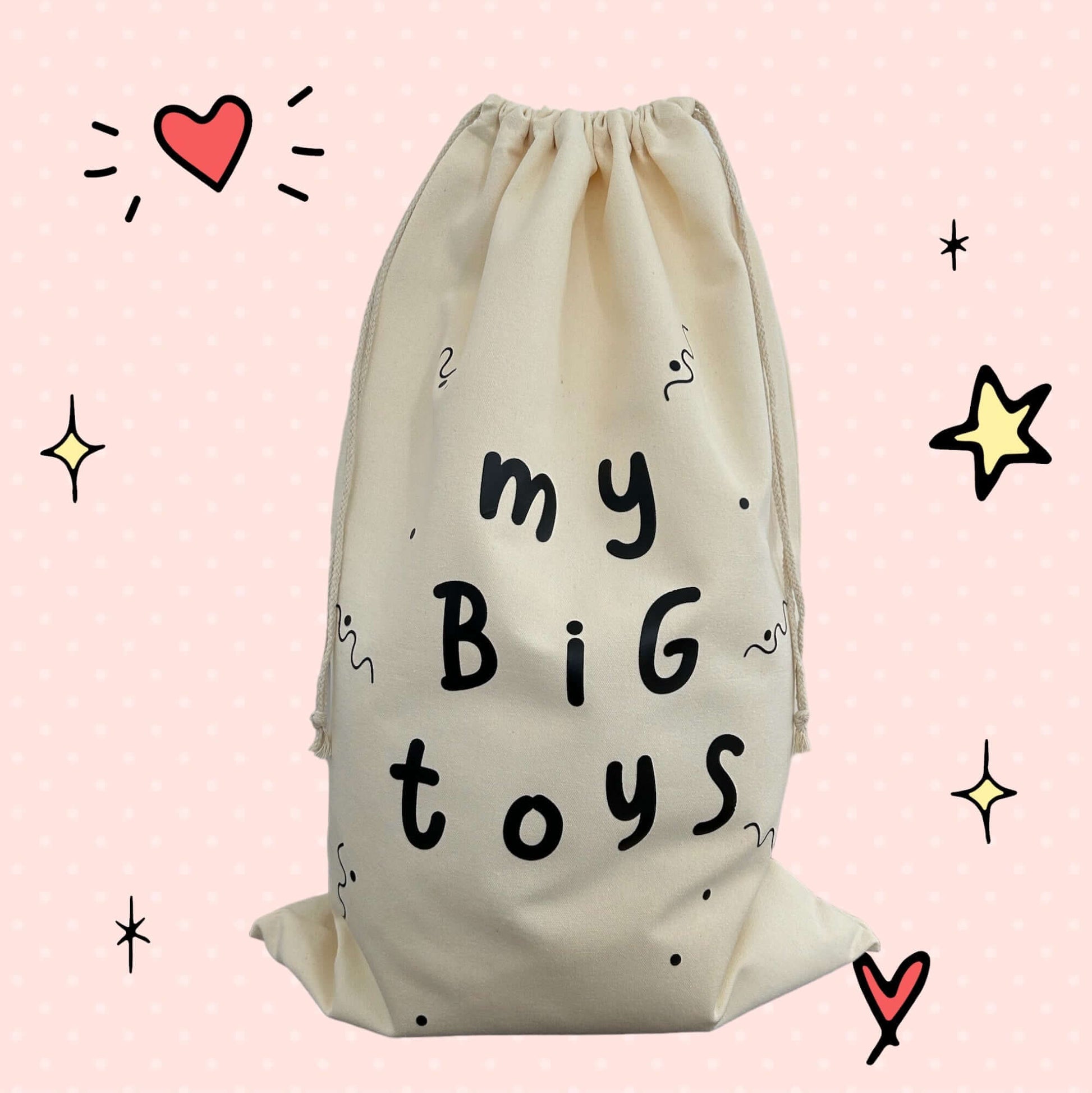 Cotton drawstring bag with my big toys written on it