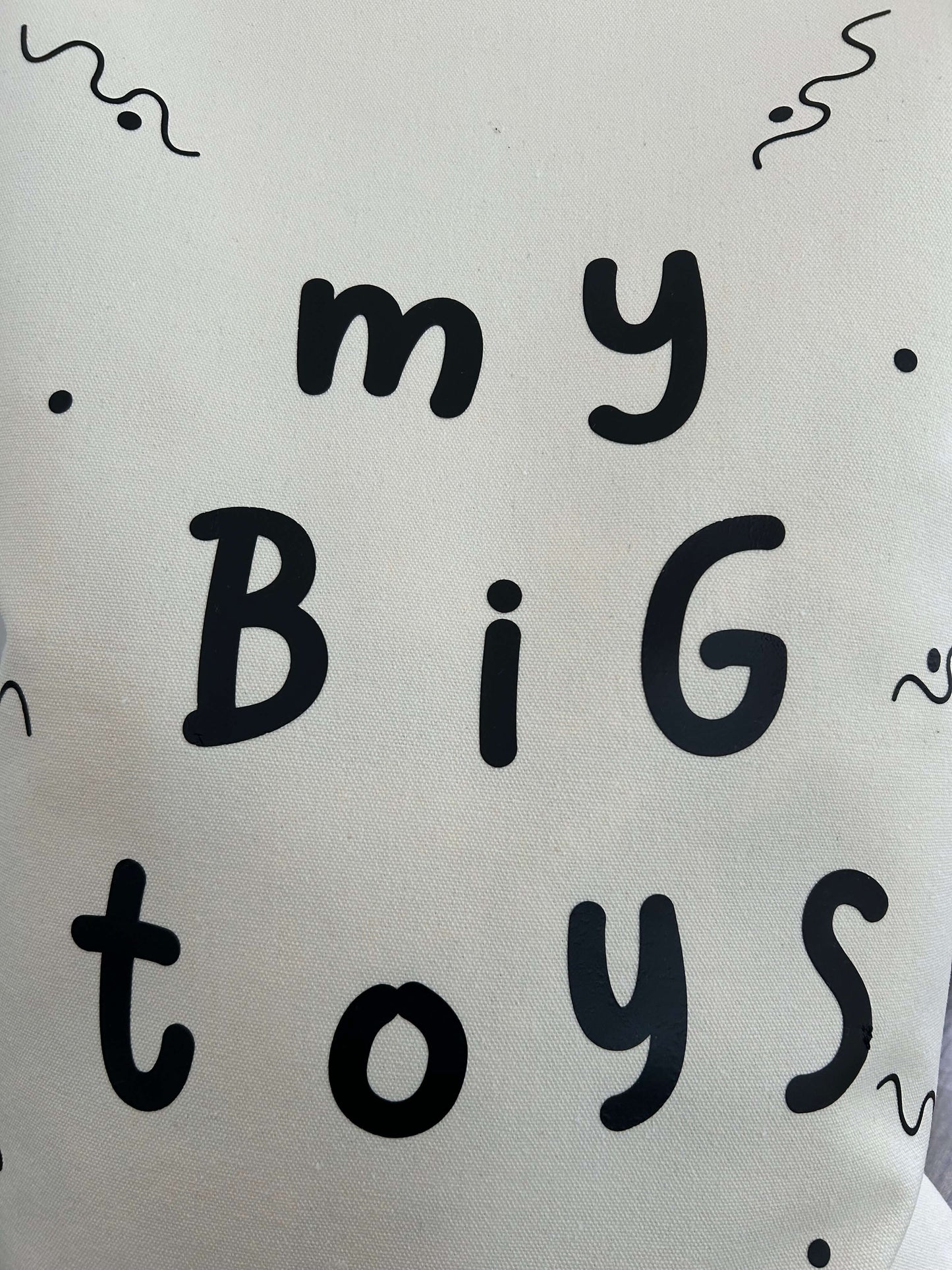 Cotton drawstring bag with my big toys written on it