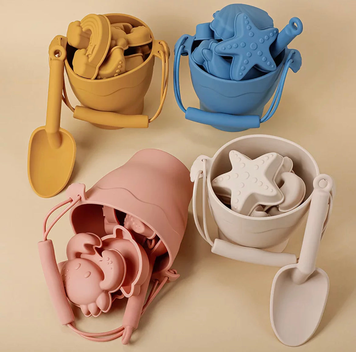 silicone bucket and spade with moulds and a net storage bag