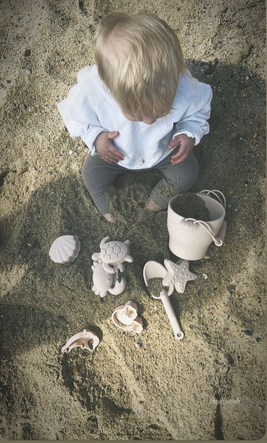 silicone bucket and spade with moulds and a net storage bag